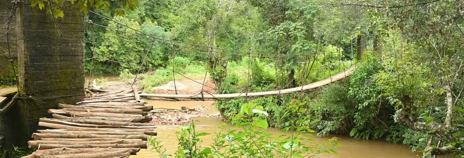 A suspension footbridge spanning a river gorge in the hills of Northeast India
